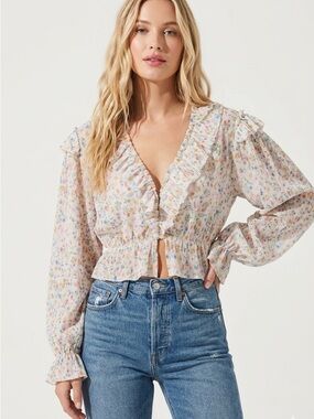 Anthropologie Boho Floral Mesh Ruffled Long Sleeve Top